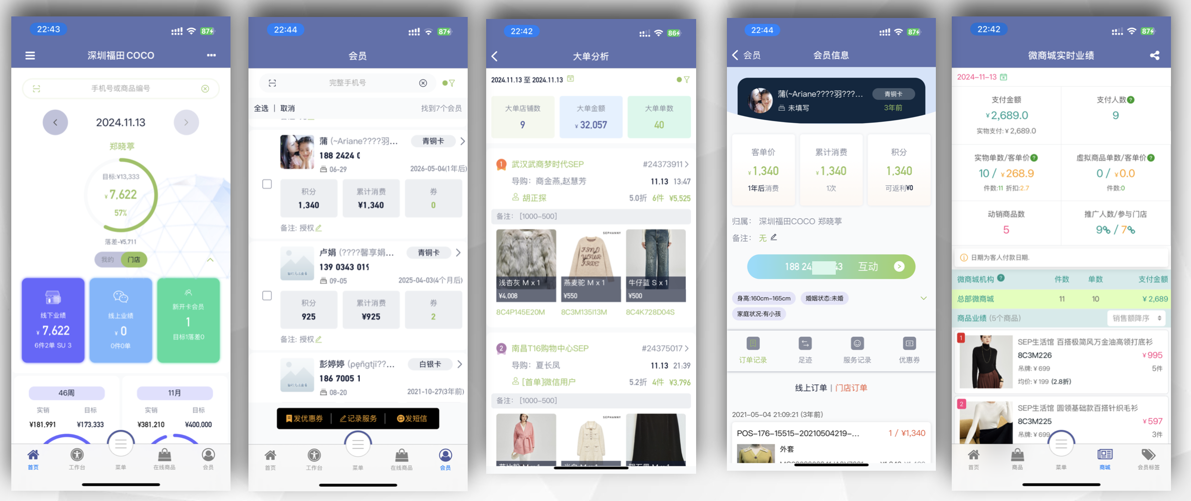 超级零售 APP 导购端页面,展示导购业绩、会员列表、订单分析、会员信息和商品业绩